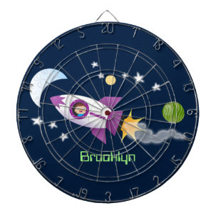 Cute rocket ship in space cartoon illustration dart board