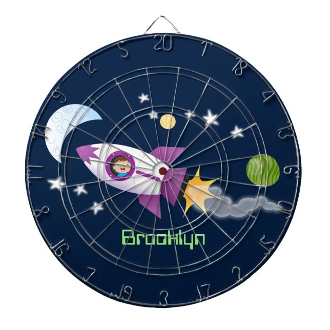Cute rocket ship in space cartoon illustration dart board (Front)