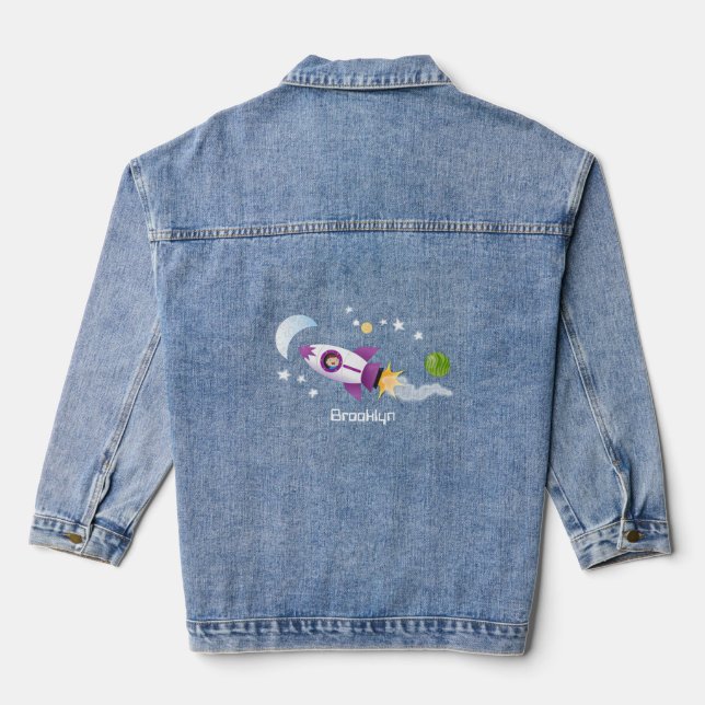 Cute rocket ship in space cartoon illustration denim jacket (Back)
