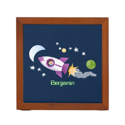 Cute rocket ship in space cartoon illustration desk organizer