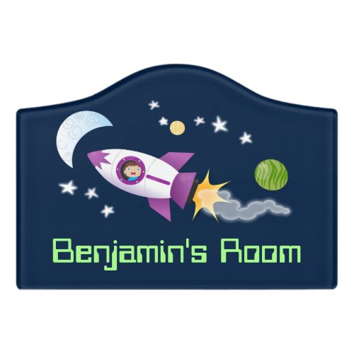 Cute rocket ship in space cartoon illustration door sign