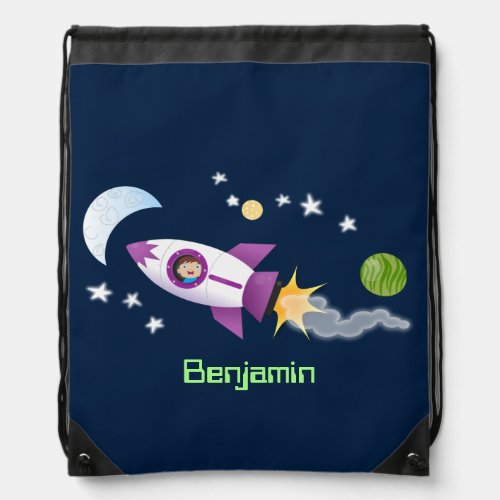 Cute rocket ship in space cartoon illustration drawstring bag