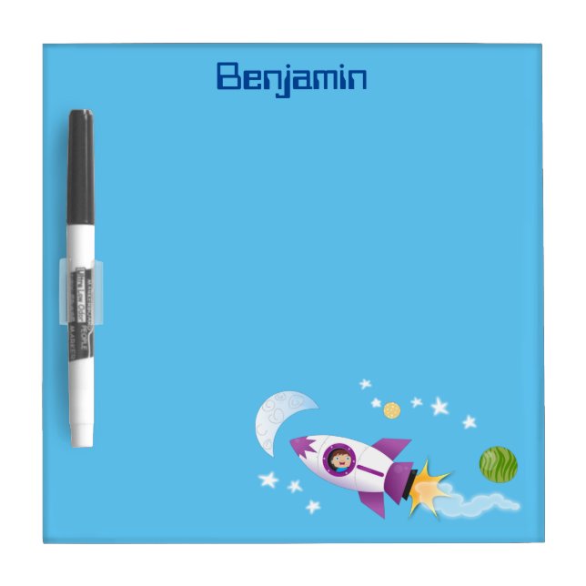 Cute rocket ship in space cartoon illustration dry erase board (Front)