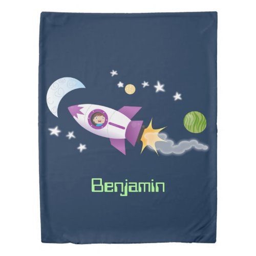 Cute rocket ship in space cartoon illustration duvet cover