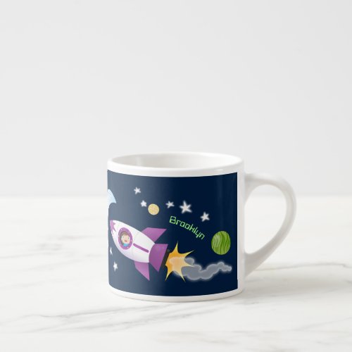 Cute rocket ship in space cartoon illustration espresso cup