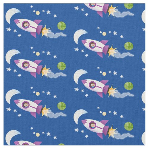 Cute rocket ship in space cartoon illustration fabric