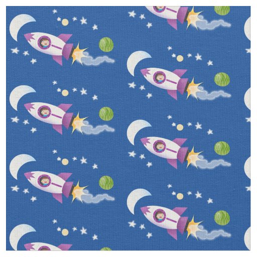 Cute rocket ship in space cartoon illustration fabric