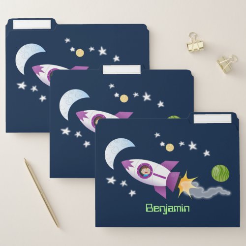 Cute rocket ship in space cartoon illustration file folder