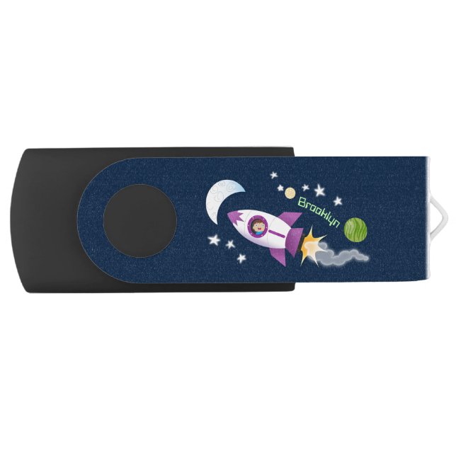 Cute rocket ship in space cartoon illustration flash drive (Front)
