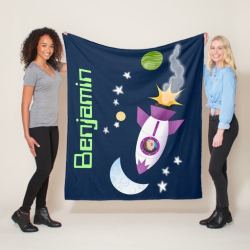 Cute rocket ship in space cartoon illustration fleece blanket
