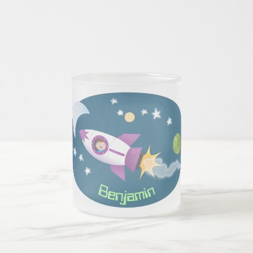 Cute rocket ship in space cartoon illustration frosted glass coffee mug