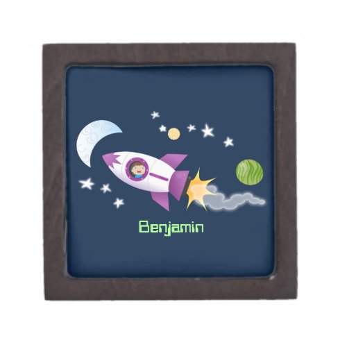 Cute rocket ship in space cartoon illustration gift box