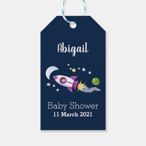 Cute rocket ship in space cartoon illustration gift tags