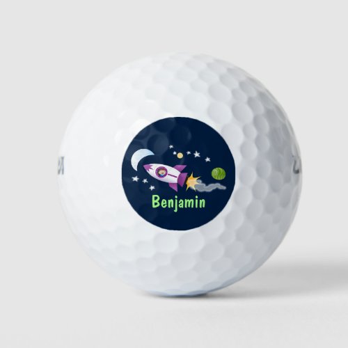 Cute rocket ship in space cartoon illustration golf balls