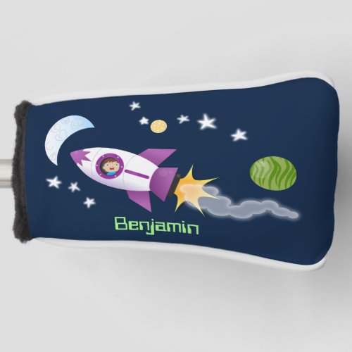 Cute rocket ship in space cartoon illustration golf head cover