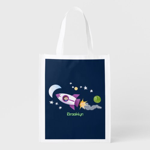 Cute rocket ship in space cartoon illustration grocery bag