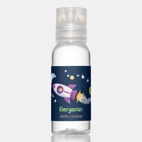 Cute rocket ship in space cartoon illustration hand sanitizer