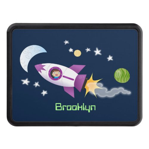 Cute rocket ship in space cartoon illustration hitch cover