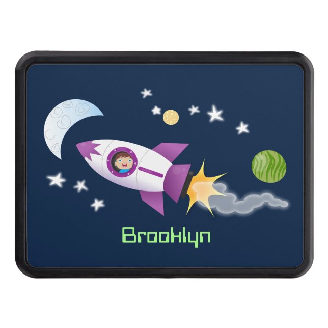 Cute rocket ship in space cartoon illustration hitch cover (Front)