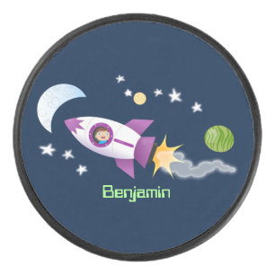 Cute rocket ship in space cartoon illustration hockey puck