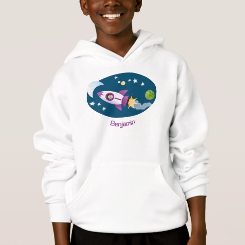 Cute rocket ship in space cartoon illustration hoodie