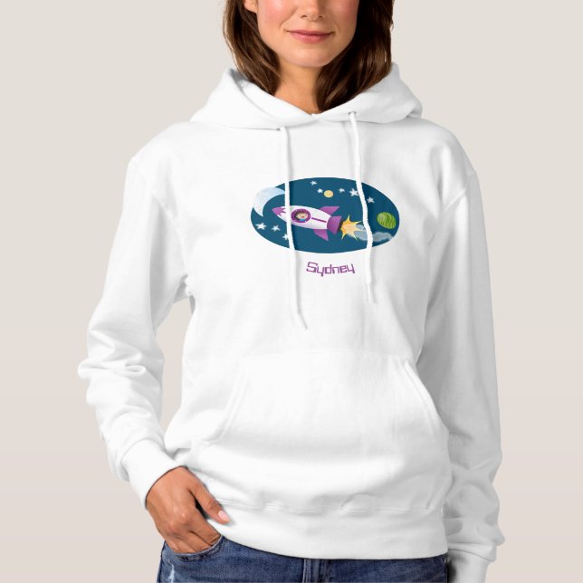 Cute rocket ship in space cartoon illustration hoodie (Front)