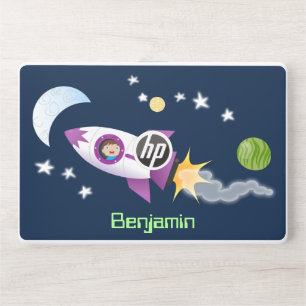 Cute rocket ship in space cartoon illustration HP laptop skin