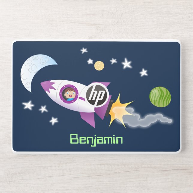 Cute rocket ship in space cartoon illustration HP laptop skin (Front)
