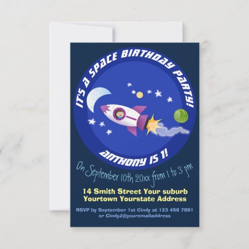 Cute rocket ship in space cartoon illustration invitation