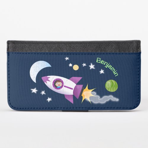 Cute rocket ship in space cartoon illustration iPhone x wallet case