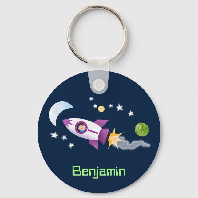 Cute rocket ship in space cartoon illustration keychain (Front)