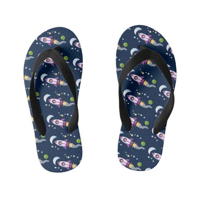 Cute rocket ship in space cartoon illustration kid's flip flops (Footbed)