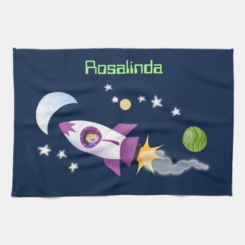 Cute rocket ship in space cartoon illustration kitchen towel