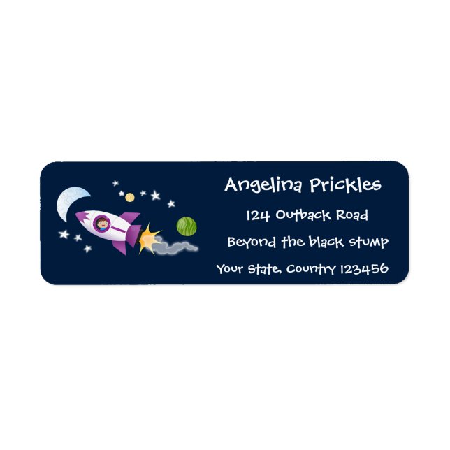 Cute rocket ship in space cartoon illustration label (Front)