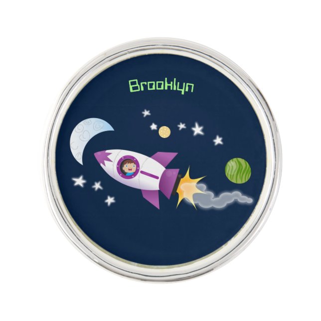 Cute rocket ship in space cartoon illustration lapel pin (Front)