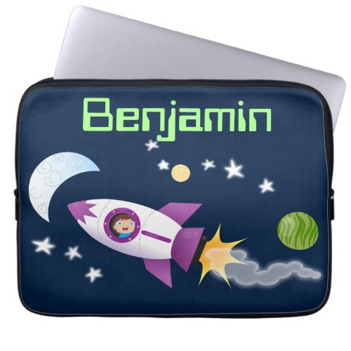 Cute rocket ship in space cartoon illustration laptop sleeve