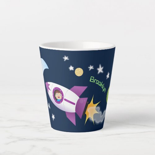 Cute rocket ship in space cartoon illustration latte mug
