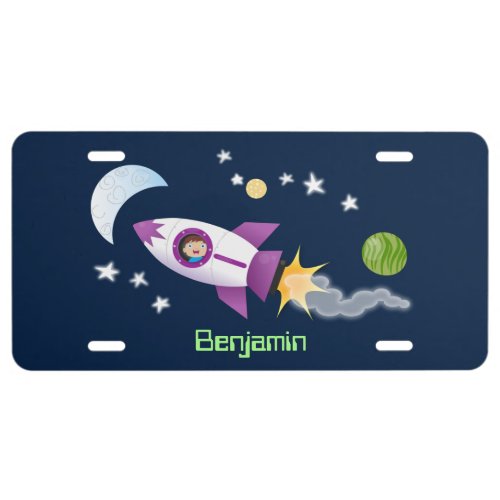 Cute rocket ship in space cartoon illustration license plate