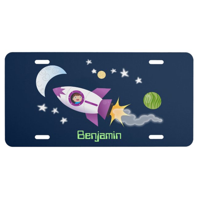 Cute rocket ship in space cartoon illustration license plate (Front)