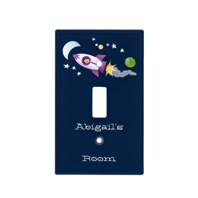 Cute rocket ship in space cartoon illustration light switch cover (Front)
