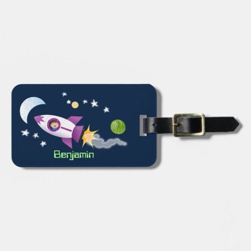 Cute rocket ship in space cartoon illustration luggage tag