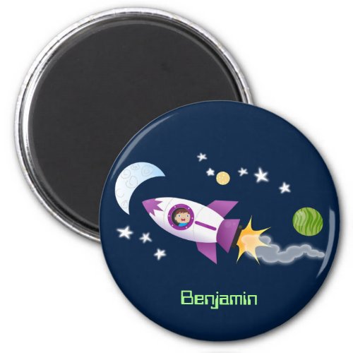 Cute rocket ship in space cartoon illustration magnet