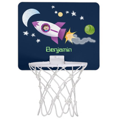 Cute rocket ship in space cartoon illustration mini basketball hoop