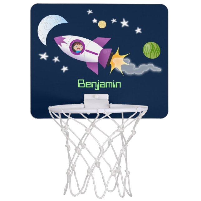 Cute rocket ship in space cartoon illustration mini basketball hoop (Front)