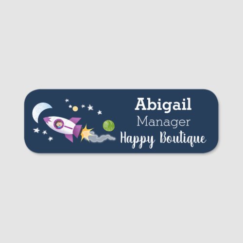 Cute rocket ship in space cartoon illustration  name tag