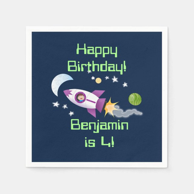 Cute rocket ship in space cartoon illustration napkins (Front)