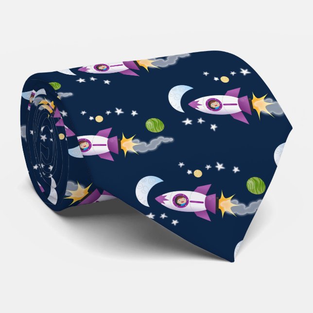 Cute rocket ship in space cartoon illustration neck tie (Rolled)