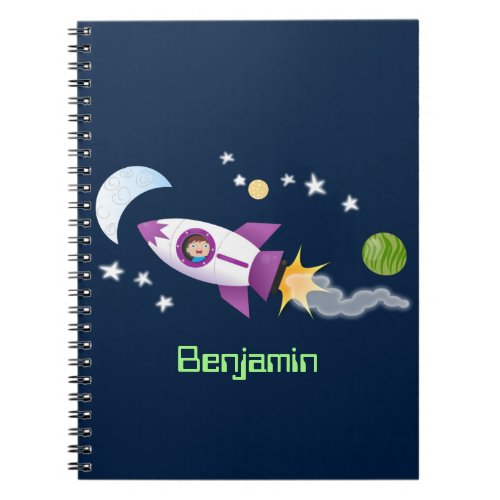Cute rocket ship in space cartoon illustration notebook