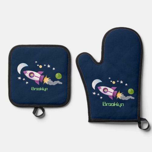 Cute rocket ship in space cartoon illustration oven mitt  pot holder set