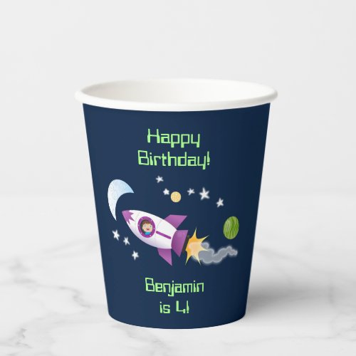 Cute rocket ship in space cartoon illustration paper cups